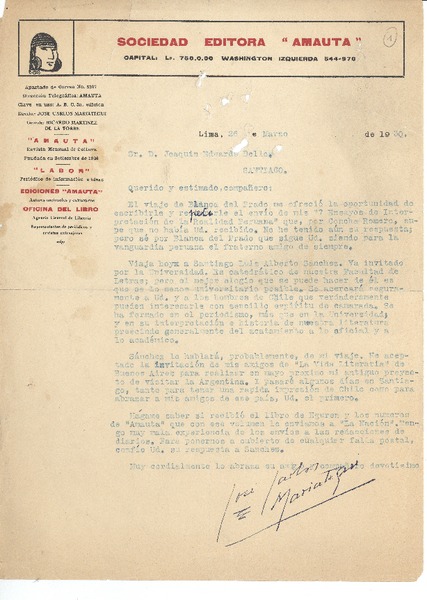 [Carta] 1930 mar. 26, Lima, Perú [a] Joaquín Edwards Bello, Santiago, Chile :