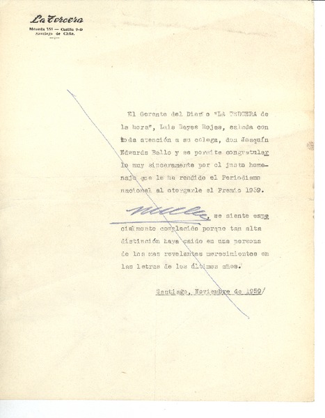 [Carta] 1959 noviembre, Santiago, Chile [a] Joaquín Edwards Bello