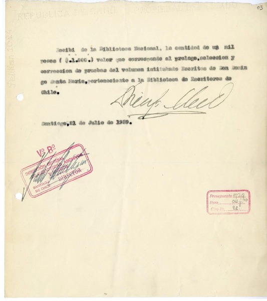 [Recibo] 1939 julio 21, Santiago, Chile [a] Biblioteca Nacional de Chile