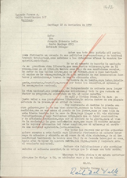 [Carta] 1959 noviembre 18, Santiago, [Chile] [a] Joaquín Edwards Bello