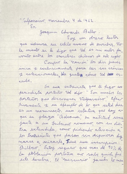 [Carta] 1962 noviembre 4, Valparaíso, [Chile] [a] Joaquín Edwards Bello
