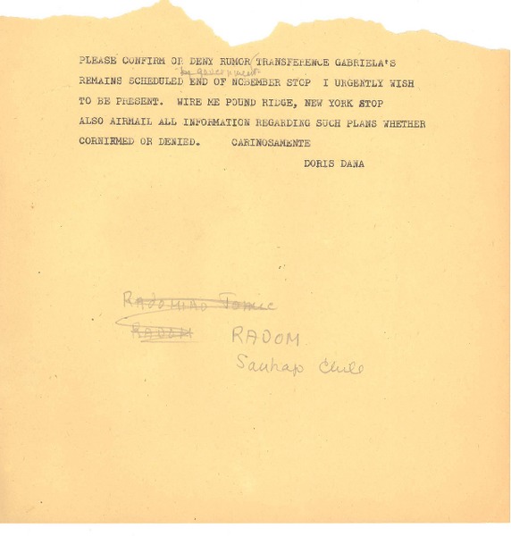 [Telegrama] [1959 oct. 30], [Pound Ridge, New York] [a] Radomiro Tomic, Santiago, Chile