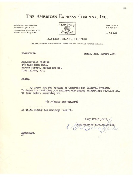 [Carta] 1956 ago. 3, Basle, [Suiza] [a] Gabriela Mistral, Long Island, New York