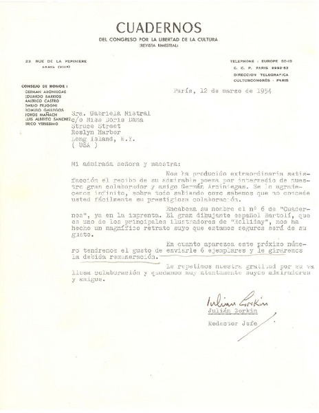 [Carta] 1954 mar. 12, París, Francia [a] Gabriela Mistral, Long Island, New York