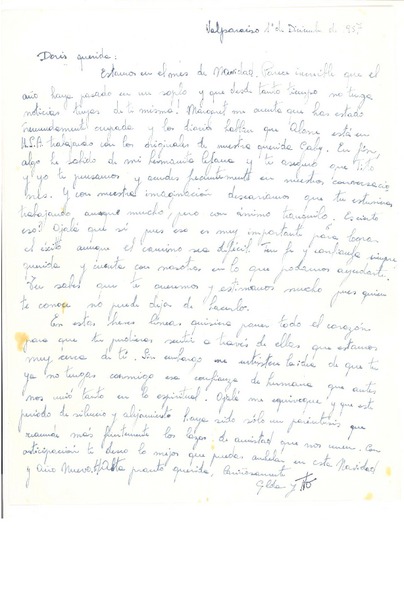 [Carta] 1957 dic. 1, Valparaíso, Chile [a] Doris Dana, [New York]
