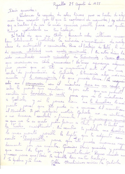 [Carta] 1955 ago. 25, Rapallo, [Italia] [a] Doris Dana, [New York]