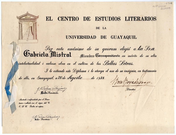[Diploma] 1938 ago. 20, Guayaquil, Ecuador [a] Gabriela Mistral