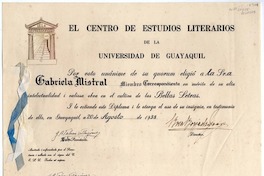 [Diploma] 1938 ago. 20, Guayaquil, Ecuador [a] Gabriela Mistral