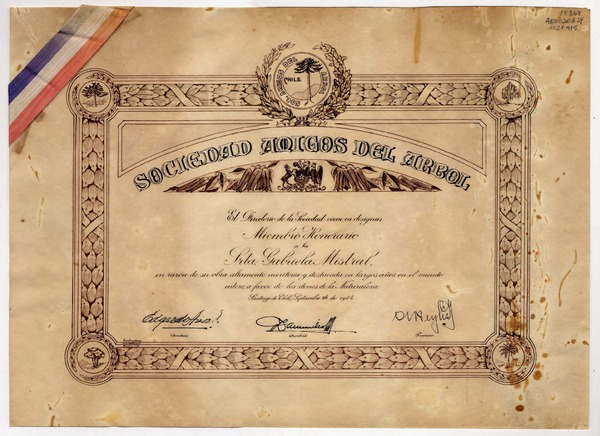 [Diploma] 1956 sep. 24, Santiago, Chile [a] Gabriela Mistral