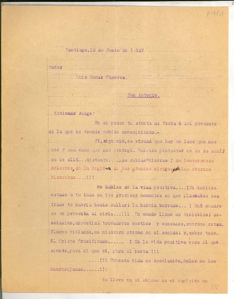 [Carta] 1927 jun. 12, Santiago, Chile [a] Luis Omar Cáceres, San Antonio, Chile