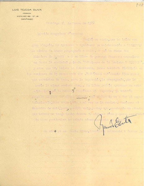 [Carta] 1929 ene. 14, Santiago, Chile [a] Luis Omar Cáceres