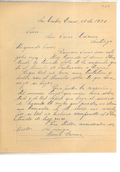 [Carta] 1938 ene. 11, San Carlos, Chile [a] Omar Cáceres