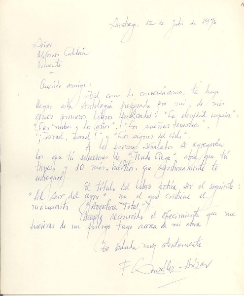[Carta] 1976 jul. 12, Santiago, Chile [a] Alfonso Calderón