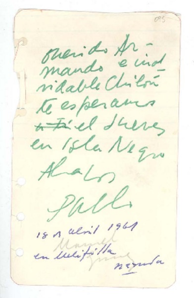 [Carta] 1961 abr. 18, Melipilla, Chile [a] Armando Benavente