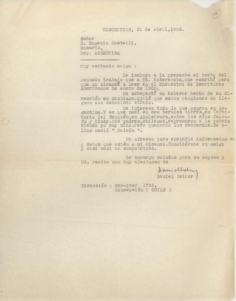 [Carta] 1963 abr. 21, Concepción, Chile [a] Eugenio Castelli