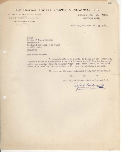 [Carta] 1949 oct. 22, Santiago, Chile [a] Carlos Préndez Saldías