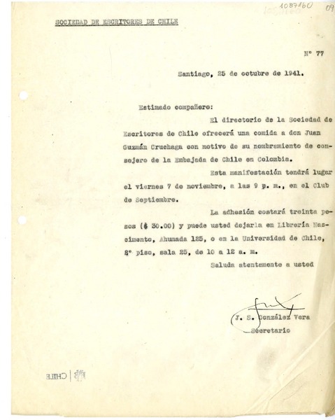 [Carta] 1941 octubre 25, Santiago Chile [a los] socios de la Sociedad de Escritores de Chile