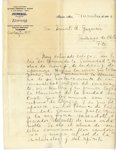 [Carta] 1914 diciembre, Buenos Aires, Argentina [a] Ernesto A. Guzmán