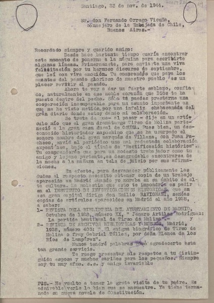 [Carta] 1944 noviembre 23, Santiago, Chile [a] Fernando Orrego Vicuña, Buenos Aires