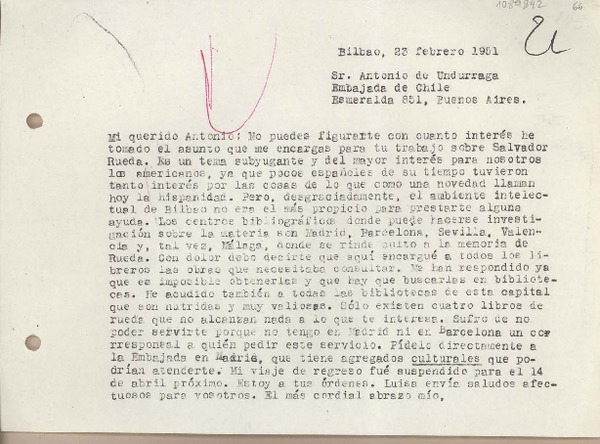 [Carta] 1951 febrero 23, Bilbao, España [a] Antonio de Undurraga, Buenos Aires
