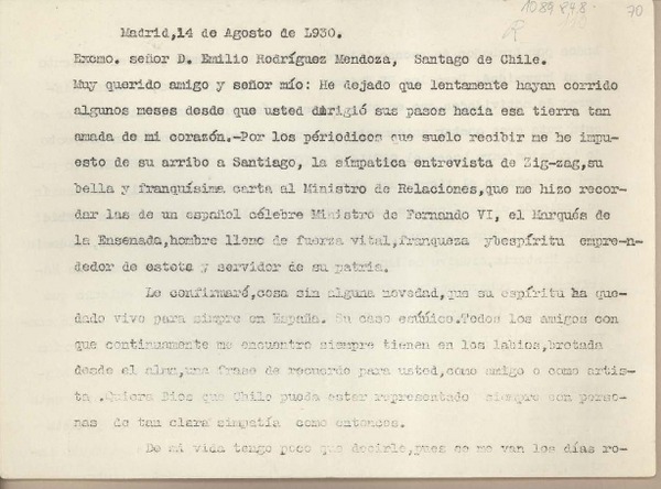 [Carta] 1930 agosto 14, Madrid, España [a] Emilio Rodríguez Mendoza, Santiago de Chile