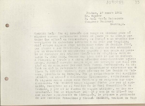 [Carta] 1951 enero 18, Bilbao, España [a] Raúl Marín Balmaceda, Santiago [Chile]