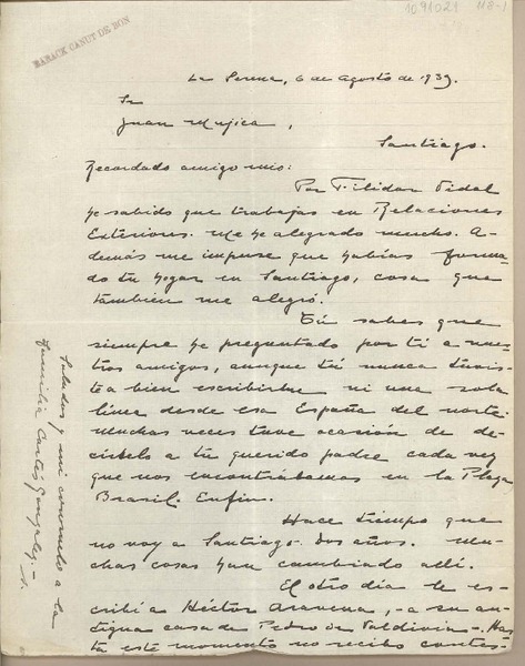 [Carta] 1939 agosto 6, La Serena, Chile [a] Juan Mujica de la Fuente