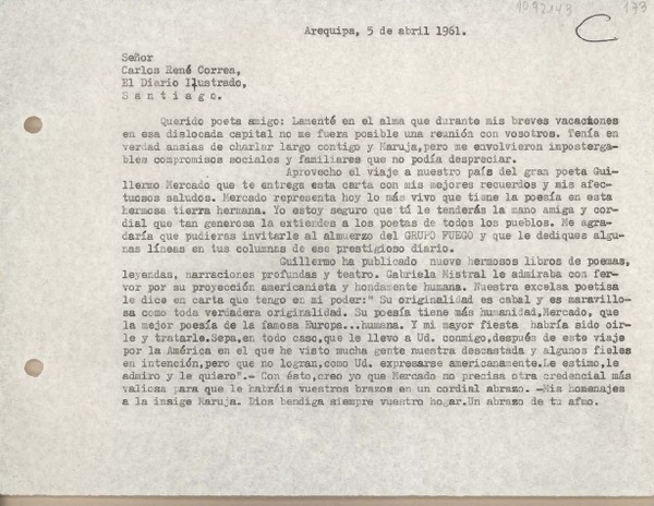 [Carta] 1961 abril 5, Arequipa, Perú [a] Carlos René Correa, Santiago, Chile