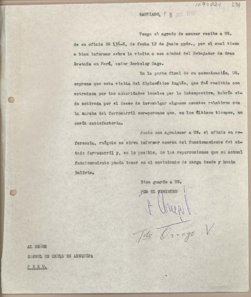 [Carta] 1962 julio 6, Santiago, Chile [a] Juan Mujica, Arequipa, Perú