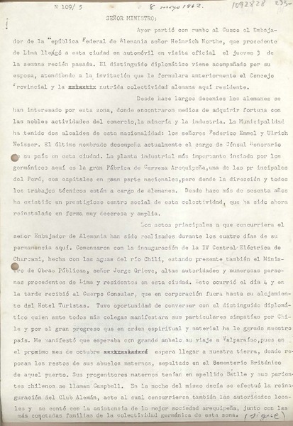 [Oficio Consular N°1095] 1962 mayo 8, Arequipa, Perú [al] Ministro de Relaciones Exteriores, Santiago, Chile