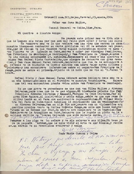 [Carta] 1964 enero 25, La Habana, Cuba [a] Juan Mujica, Lima, Perú