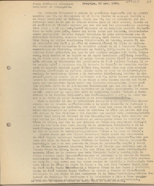 [Carta] 1960 noviembre 25, Arequipa, Perú [a] Jorge Errázuriz Echenique, Lima, Perú