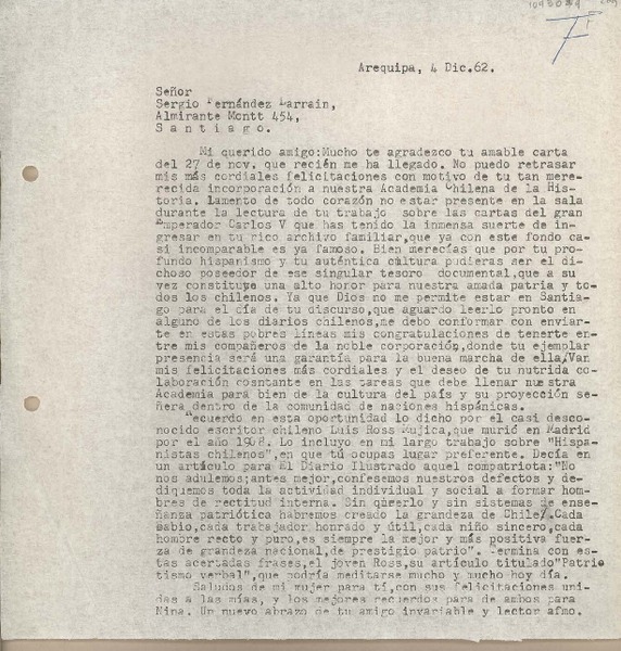 [Carta] 1962 diciembre 4, Arequipa, Perú [a] Sergio Fernández Larraín, Santiago, Chile