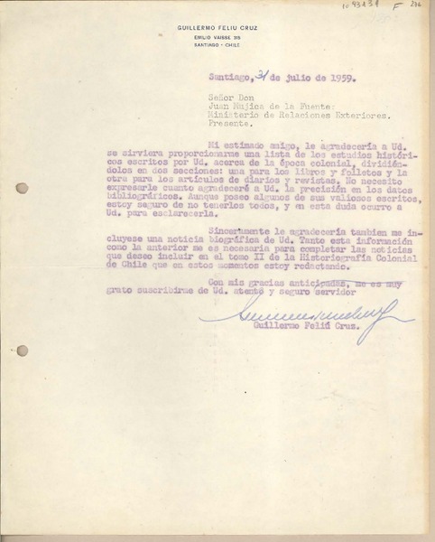 [Carta] 1959 noviembre 5, Santiago, Chile [a] Juan Mujica de la Fuente