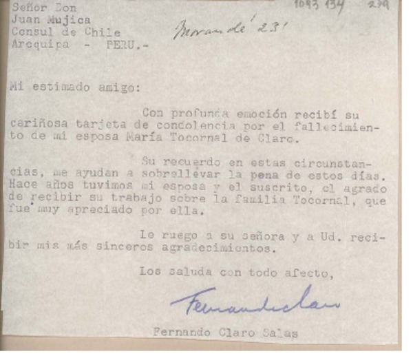 [Carta] [1961], Santiago, Chile [a] Juan Mujica de la Fuente, Arequipa, Perú