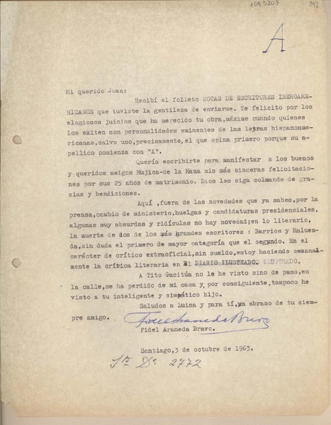 [Carta] 1963 octubre 3, Santiago, Chile [a] Juan Mujica de la Fuente, Lima, Perú