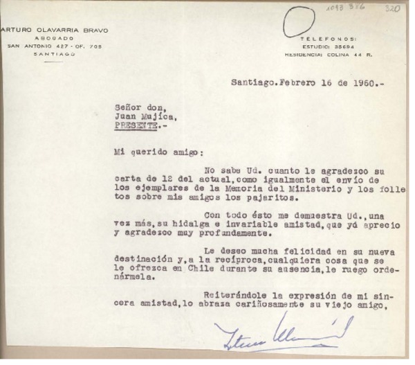 [Carta] 1960 febrero 16, Santiago, Chile [a] Juan Mujica, Arequipa, Perú