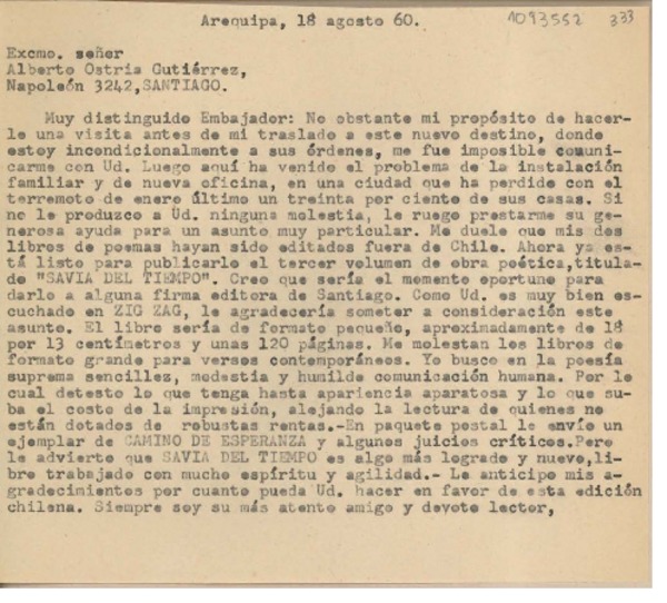 [Carta] 1960 agosto 18, Arequipa, Perú [a] Alberto Ostria Gutiérrez, Santiago, Chile
