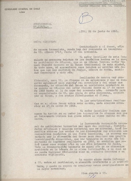 [Carta] 1963 junio 21, Lima, Perú [al] Ministro de Relaciones Exteriores, Santiago, Chile