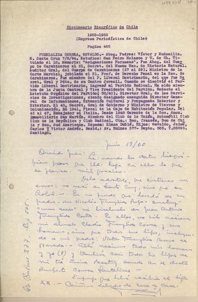 [Carta] 1960 junio 19, Santiago, Chile [a] Juan Mujica, Arequipa, Perú