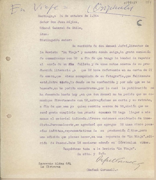 [Carta] 1964 octubre 26, Santiago, Chile [a] Juan Mujica, Lima, Perú