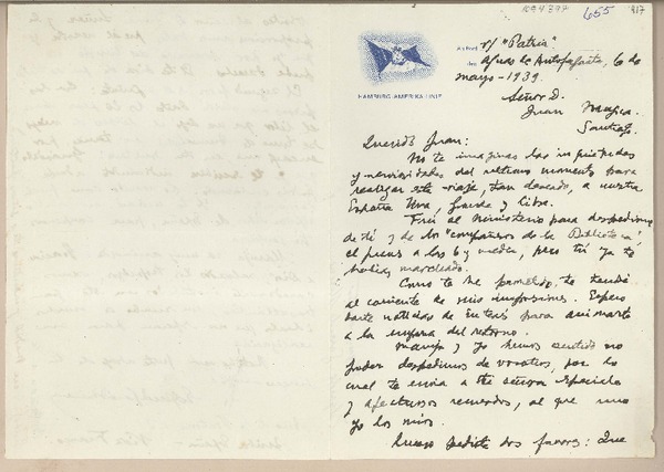[Carta] 1939 mayo 6, a bordo de "Patria", Antofagasta, Chile [a] Juan Mujica, Santiago