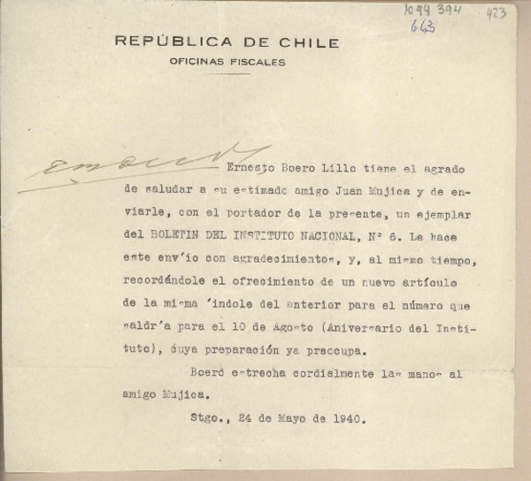[Carta] 1940 mayo 24, Santiago, Chile [a] Juan Mujica de la Fuente