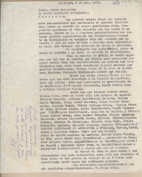 [Carta] 1971 diciembre 6, Santiago, Chile [a] Mario Rodríguez Altamirano
