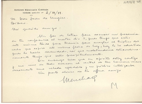 [Carta] 1951 marzo 2, Neguri, España [a] Juan Mujica de la Fuente, Bilbao