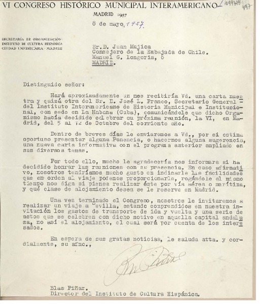 [Carta] 1957 mayo 8, Madrid, España [a] Juan Mujica