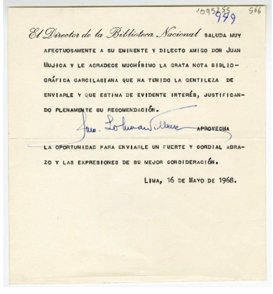 [Carta] 1968 mayo 16, Lima, Perú [a] Juan Mujica de la Fuente