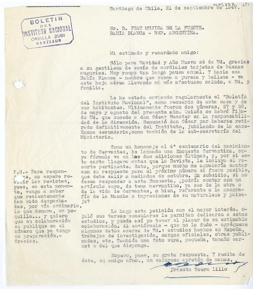 [Carta] 1947 septiembre 21, Santiago, Chile [a] Juan Mujica, Bahía Blanca, Argentina