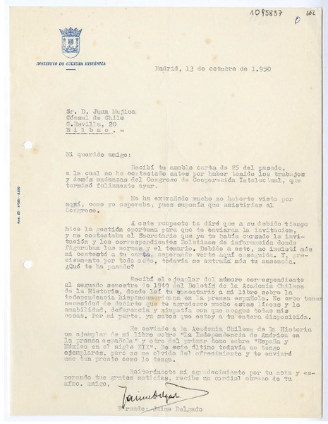 [Carta] 1950 octubre 13, Madrid, España [a] Juan Mujica, Bilbao, España