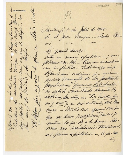 [Carta] 1948 julio 8, Santiago, Chile [a] Juan Mujica de la Fuente, Bahía Blanca, Argentina